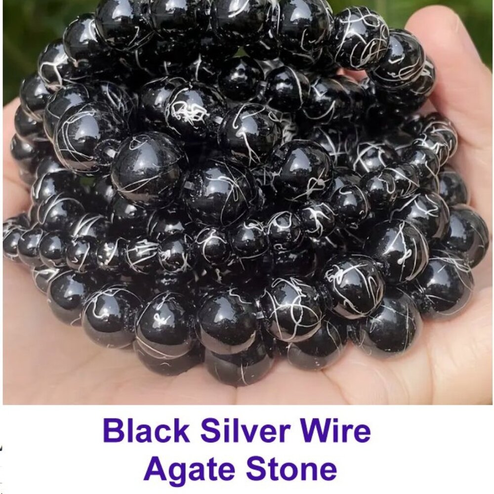 Elegant Black Silver Wire Agate Beads
